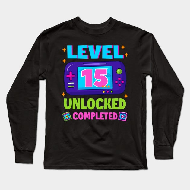 Level 15 Unlocked 15th Birthday Boys Video Game B-day Gift For BOys Kids Long Sleeve T-Shirt by Los San Der